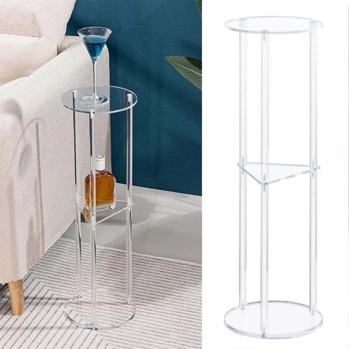 Tavolino Acrilico Rotondo Trasparente, 3 Ripiani | Comodino Sottile e Alto | Tavolo Multi-livello 61 x 20 x 20 cm | Versatile per Camere da Letto, Soggiorni e Spazi Piccoli