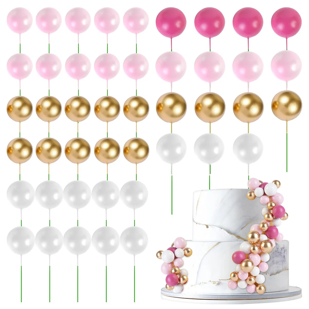 URAQT Palline Sfera Cake Topper, 45 Pz Mini Palloncino per Torta, Ball Cupcake Perle Balls Inserto, per Anniversario Festa di Compleanno Baby Shower (A)
