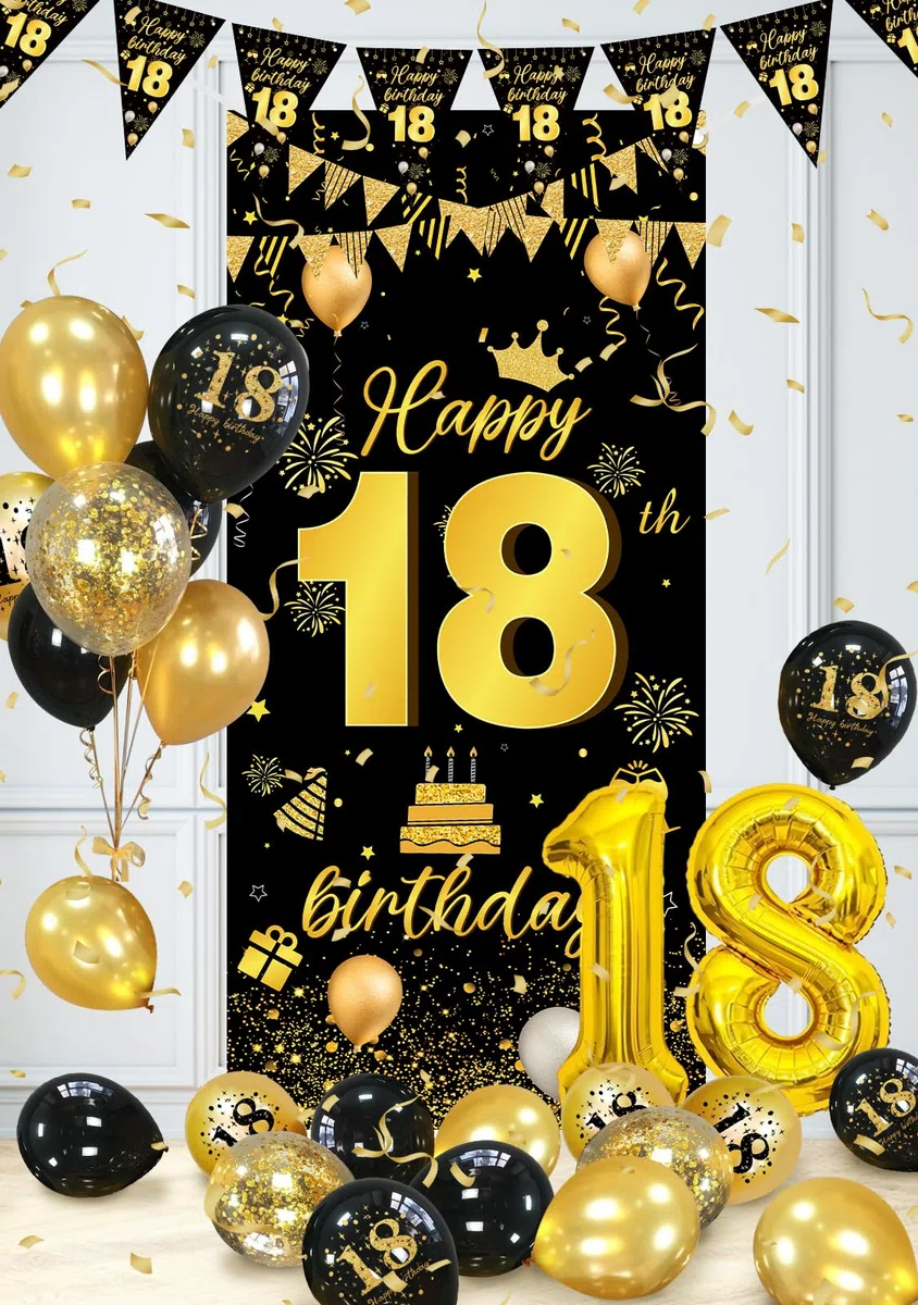 Palloncini 18 Anni Compleanno Ragazza Ragazzo, 18 Anni Decorazioni Nero Oro, Striscione 18 Anni, Coriandoli, Feste di Compleanno Sfondo Fotografico Tessuto, Decorazioni per Compleanno