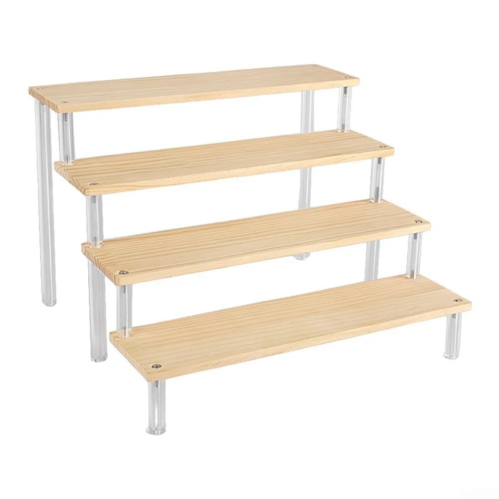 Espositore a scala in legno con ripiani in acrilico per organizzare cosmetici, cancelleria e oggetti da collezione (4 strati 30 cm)