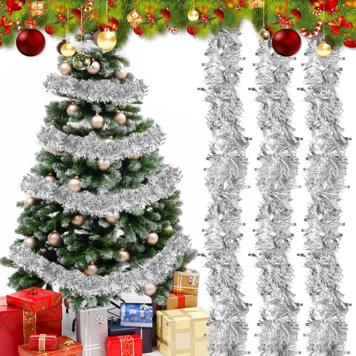 SULOLI Ghirlanda Natalizia Argente,10 Metri Ghirlanda Tinsel Artificiale per Decorazioni Albero di Natale(Argento)