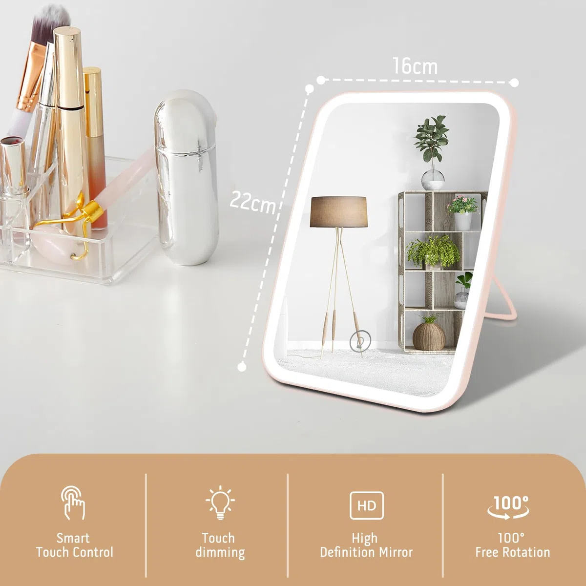 OWill Specchio Trucco con Luci, Specchio Portatile con Sensore Touch Dimmerabile a 3 Velocità, Specchio Led Ricaricabile per Bagno, Camera da Letto, Viaggi