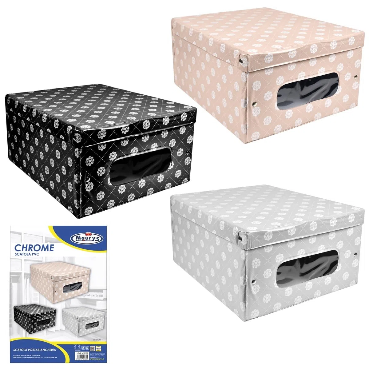 Maury's Set 3 Scatole Portabiancheria Crome in PVC, Colori Assortiti Dimensioni 48 x 36 x h19 cm per un Ordine Perfetto e Stiloso Organizzazione Elegante