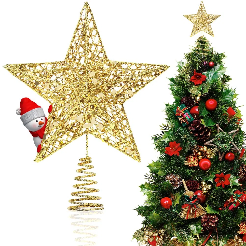 Puntale Stella Albero Natale, Oro Glitter Treetop Soprammobili Decorazione Natalizio, Lucido Forma di Stella Albero di Natale per Accessori Addobbi