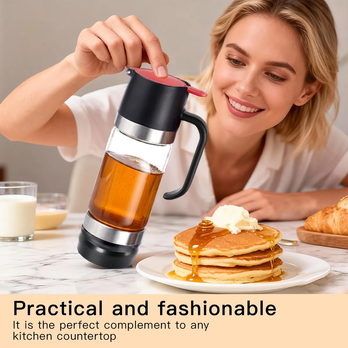 350ml Dosatore Miele in Vetro, Contenitore Dispenser Miele Antigoccia con Manico per Miele Sciroppo Caffè E Altri Liquidi Per Desser
