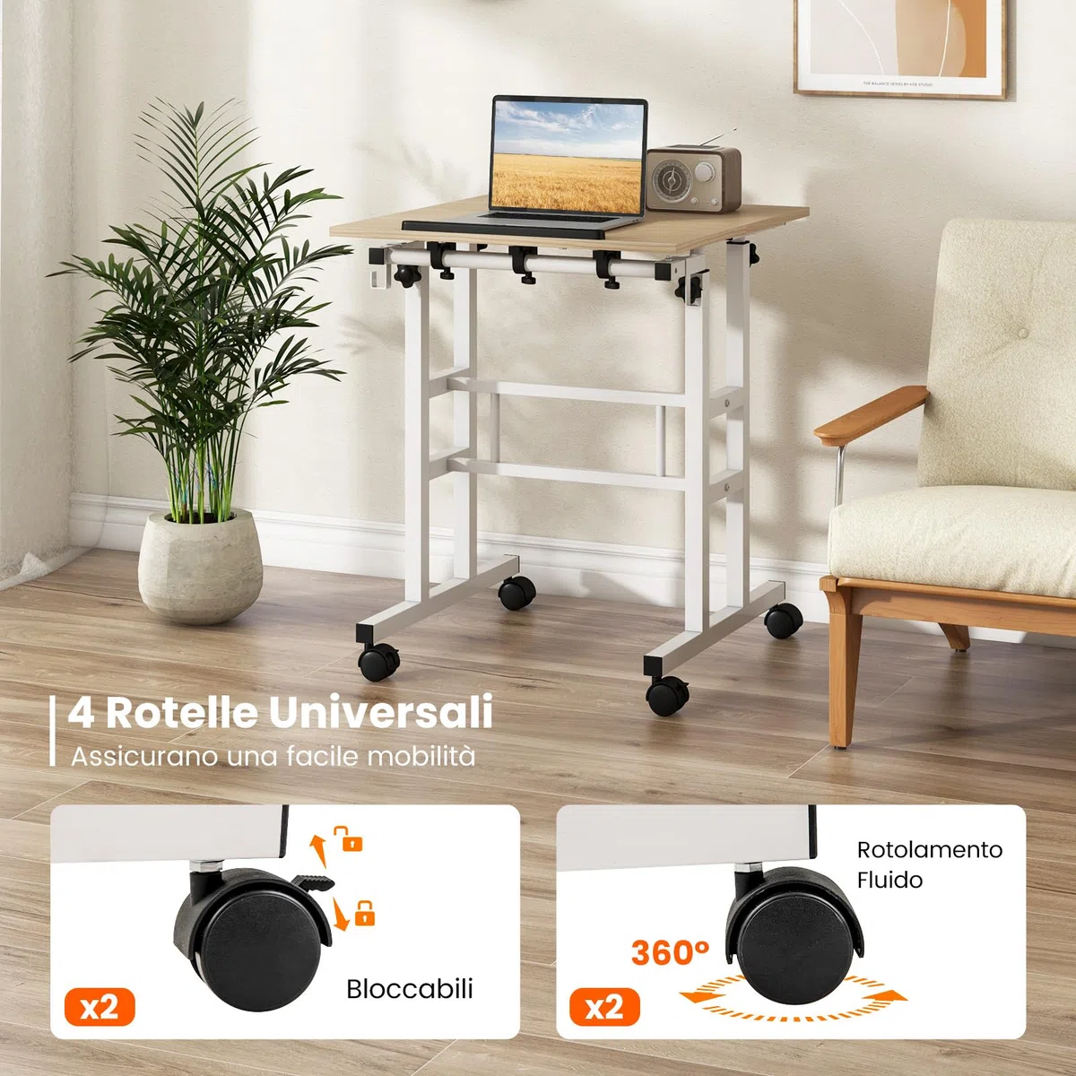 COSTWAY Scrivania per Computer Regolabile in Altezza, Postazione di Lavoro per Computer con Ruote e Ganci, Tavolo Porta PC per Studio e Ufficio, 60 x 60 x 72-124 cm (Naturale)