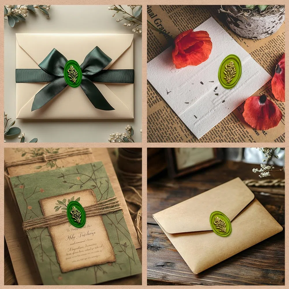 Timbro in stile retrò, con fiori di cera, intercambiabile, per fai da te, con sigillo vintage, con testa ovale in ottone, manico in legno, per San Valentino, inviti di nozze