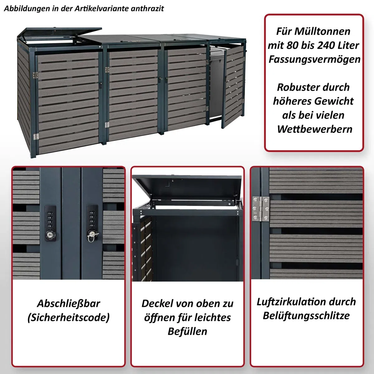 4x copribidoni box spazzatura rifiuti HWC-K14 84x264x119cm metallo WPC marrone