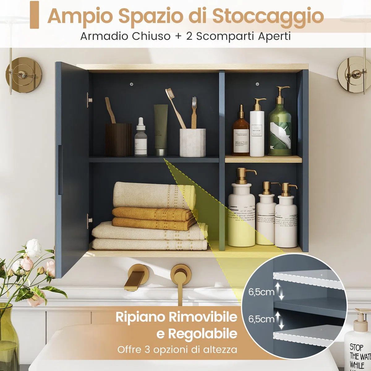 COSTWAY Armadietto Specchio Bagno, Specchiera Bagno da Parete con Porta Specchiata, Ripiano Regolabile e Scomparti Laterali Aperti, Specchio Contenitore Salvaspazio per Soggiorno 60 x 20 x 50 cm