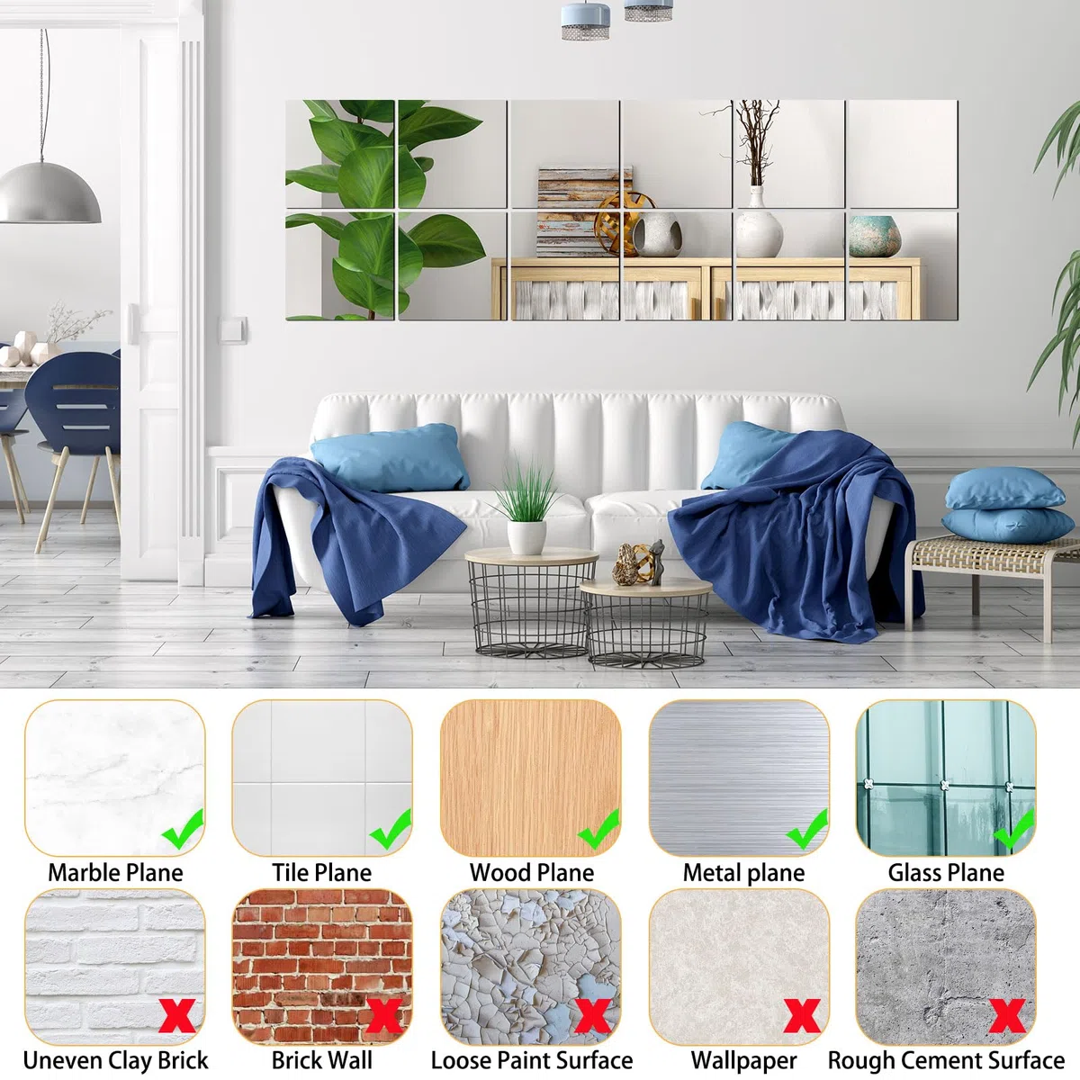 4 pezzi Specchio in Vetro 20 x 20 cm, Piastrelle a Specchio Autoadesive, Specchio Adesivo HD fai da te per Decorazione da Parete, Armadio, Bagno, Soggiorno, Camera da Letto