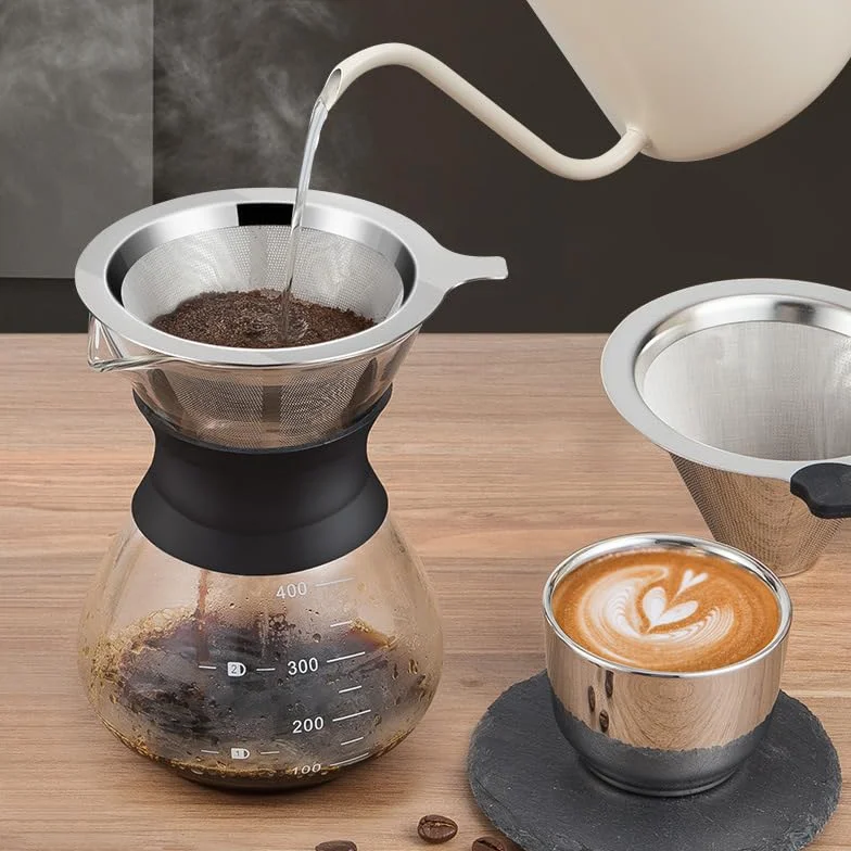 PIQIUQIU Versare sopra macchina da caffè 400ml, macchina da caffè in vetro Macchina da caffè a goccia manuale con filtro in acciaio inossidabile Polvere di Caffè Macinato