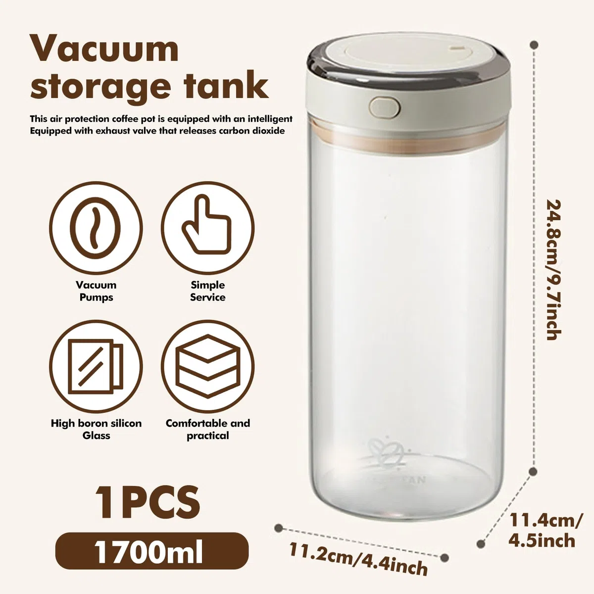 BAIFULAI Contenitore in vetro ermetico, 1,7 l, per chicchi di caffè, trasparente, con valvola di scarico, datario, contenitore per chicchi di caffè, polvere, noci, tè, cacao, foglie di tè
