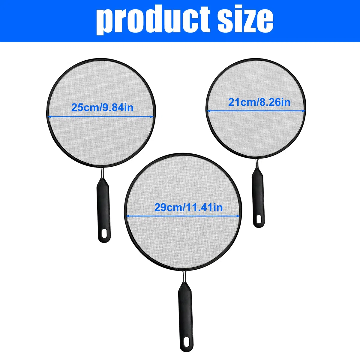 Set di 3 Coperchi Paraspruzzi in Acciaio Inox: Coperchio Paraspruzzi con Manico, Coperchio per Prove per Padelle, Diametro 21cm, 25cm, 29cm, Coperchio per Padella Anti-Spruzzi per Padelle