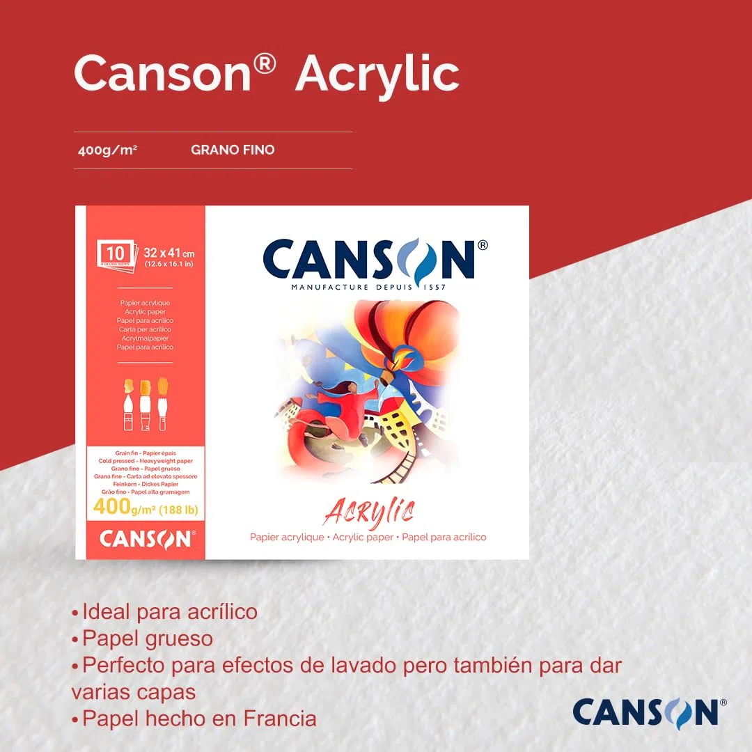 Canson Acrylic, Blocco Carta per Colori Acrilici Grana Telata, A3, 400gm, 10 Fogli, Collato un Lato