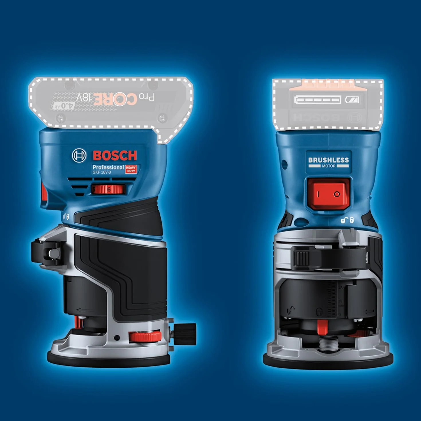 Bosch Professional 18V System Rifilatore a batteria GKF 18V-8 (incl. guida parallela, 2 adattatori aspiratore rifilatura, protez. trucioli, pinza 8 mm, chiave, L-BOXX, senza batteria/caricabatteria)