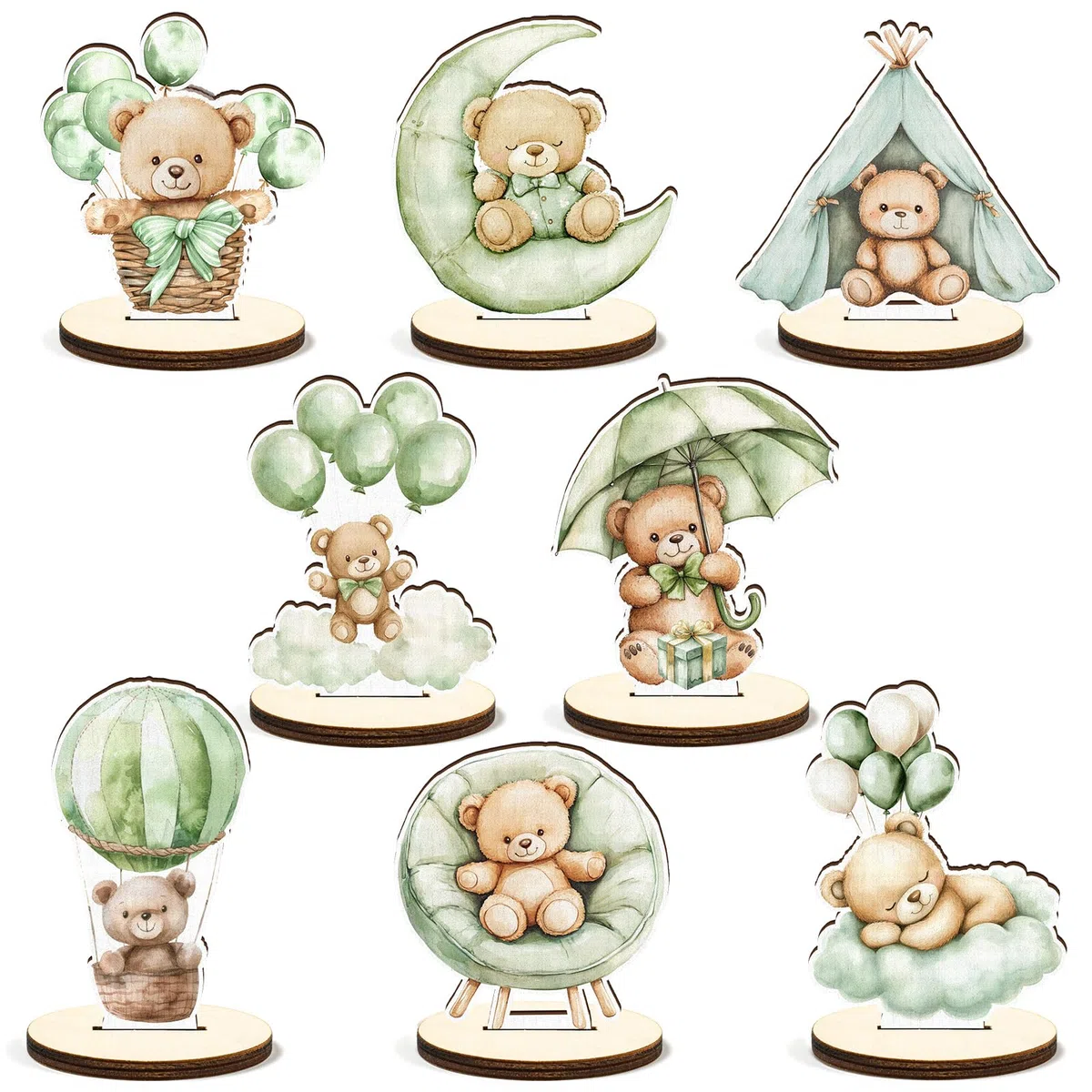 8 Pezzi Decorazioni in Legno per Baby Shower, Verde Salvia, Orso, Topper da Tavolo con Cartello Rimovibile, per Bambino O Bambina, Decorazioni per Rivelazion