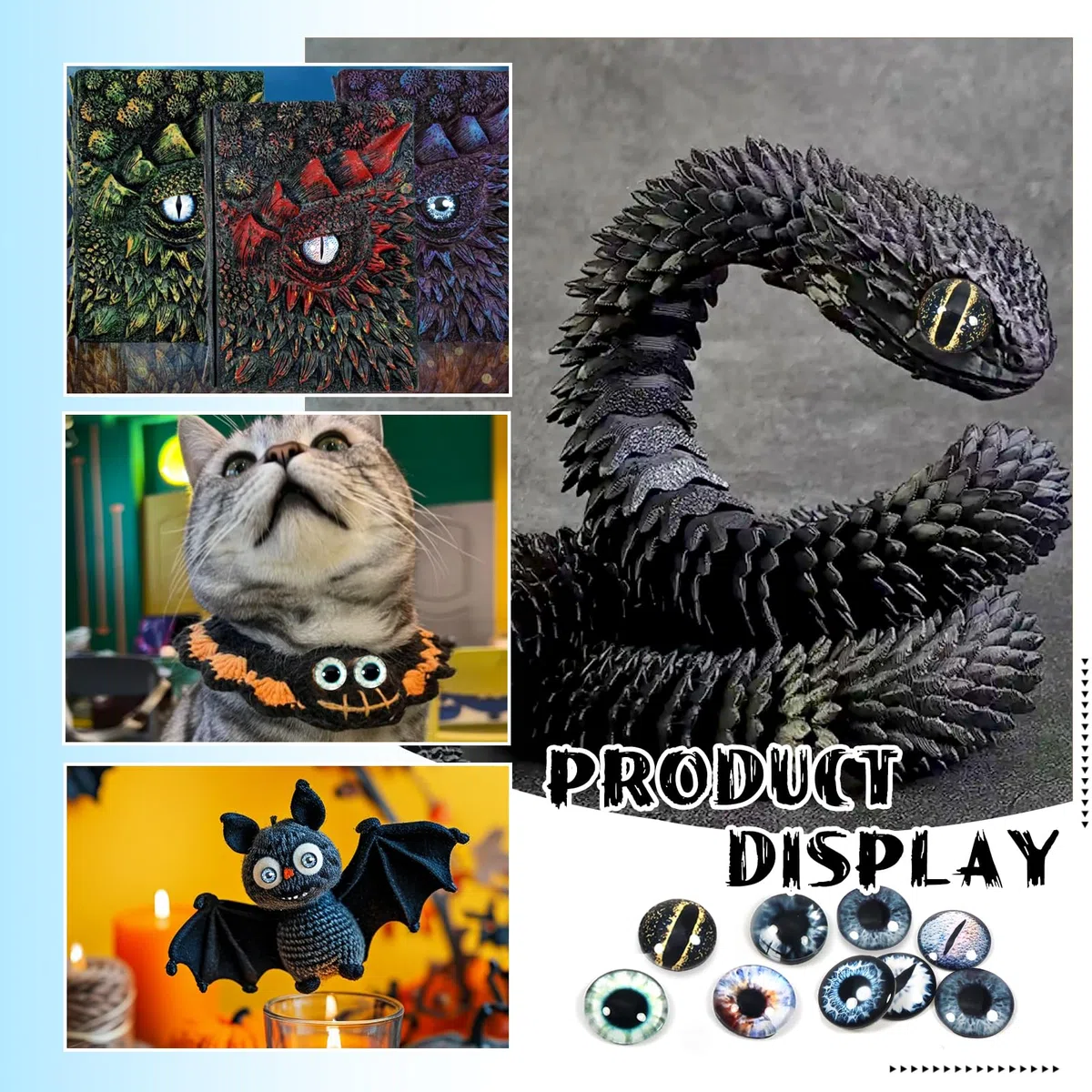TOAOB 20 Pezzi Occhi di Sicurezza per Bambola 30 mm Occhi di Drago in Vetro per Gatto Dinosauro Orsacchiotto Fai da Te Giocattoli Peluche Uncinetto Nero Bianco Series