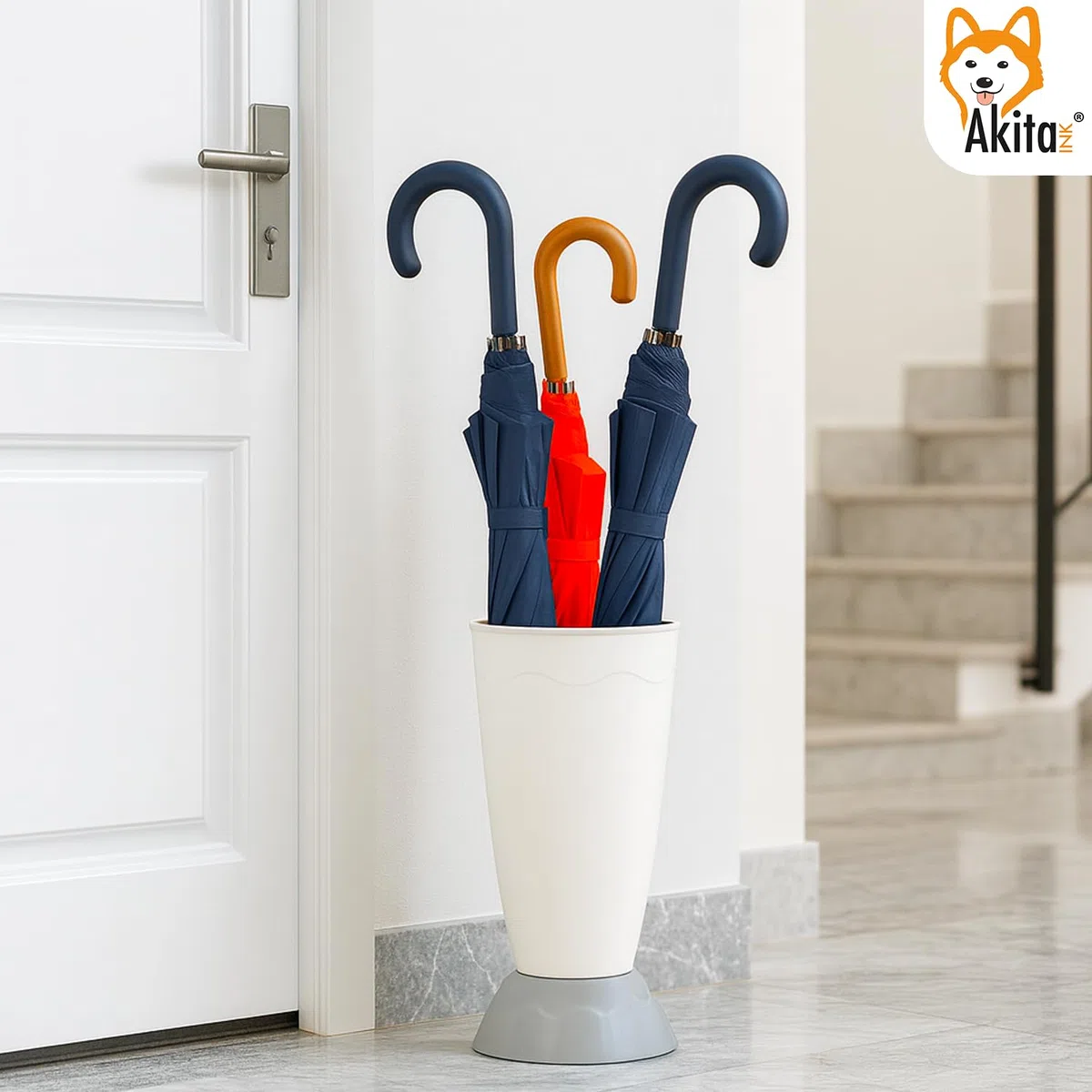 AKITAInk Portaombrelli Vulcano Moderno 27x27x50,5 cm | Porta Ombrelli in Plastica Resistente con Decoro a Onde | Design Elegante e Funzionale per Ingresso Casa o Ufficio (GRIGIO)