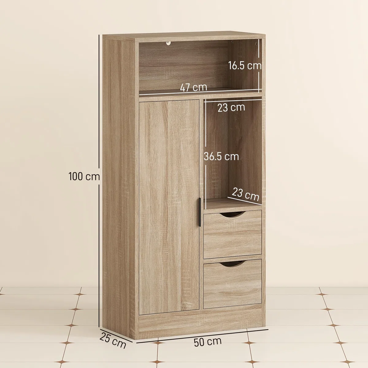HOMCOM Mobiletto Bagno Salvaspazio Slim, Mobile Bagno con 2 Cassetti, Ripiani Regolabili a 3 Livelli e Armadietto, Stile Nordico, 50x25x100 cm, Legno Naturale