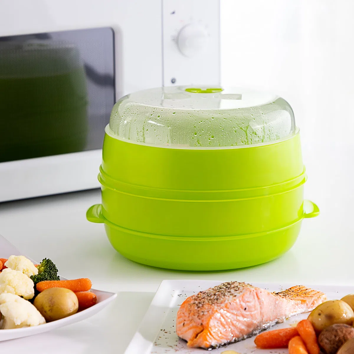 InnovaGoods - Vaporiera Doppia per Microonde Codowave, Cottura a Vapore Salutare, Facile da Usare e Pulire, PP Senza BPA, Verde, 22 x 12/17 cm, Plastica