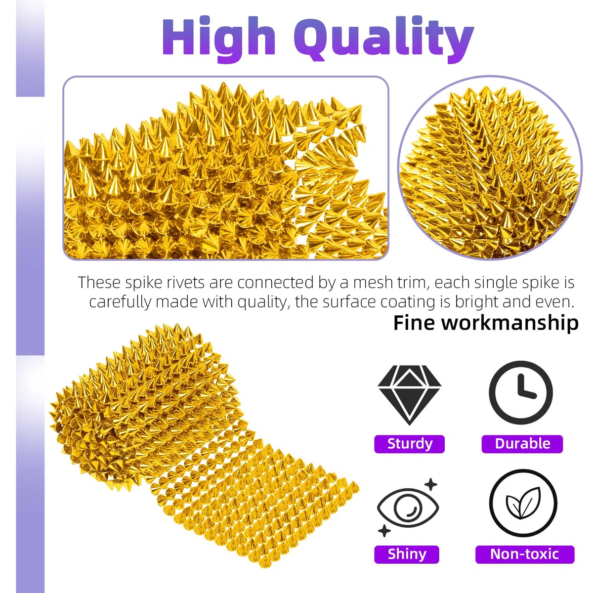Swpeet 3 Yards 3 colore cucire punto su Spike Stud Set, oro nero argento Cono albero Spike Stud rivetti Punk Rock Trim perlina, rivetti in rete perline per abbigliamento stile Punk fai da te