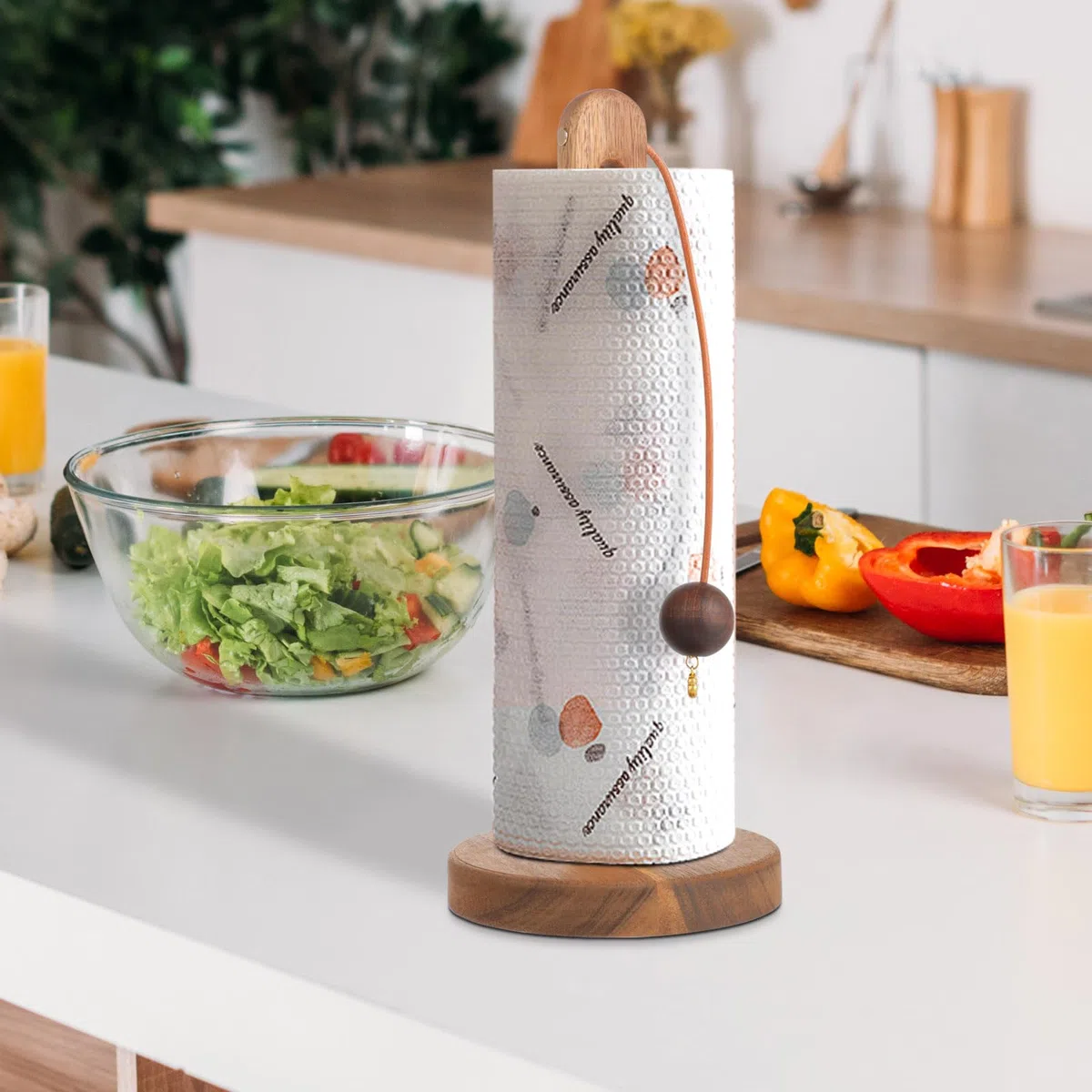 Porta rotolo da cucina in legno di acacia-Design con ganci e antiscivolo-Perfetto per porta rotolo cucina e porta scottex-Compatibile con rotoli standard e grandi