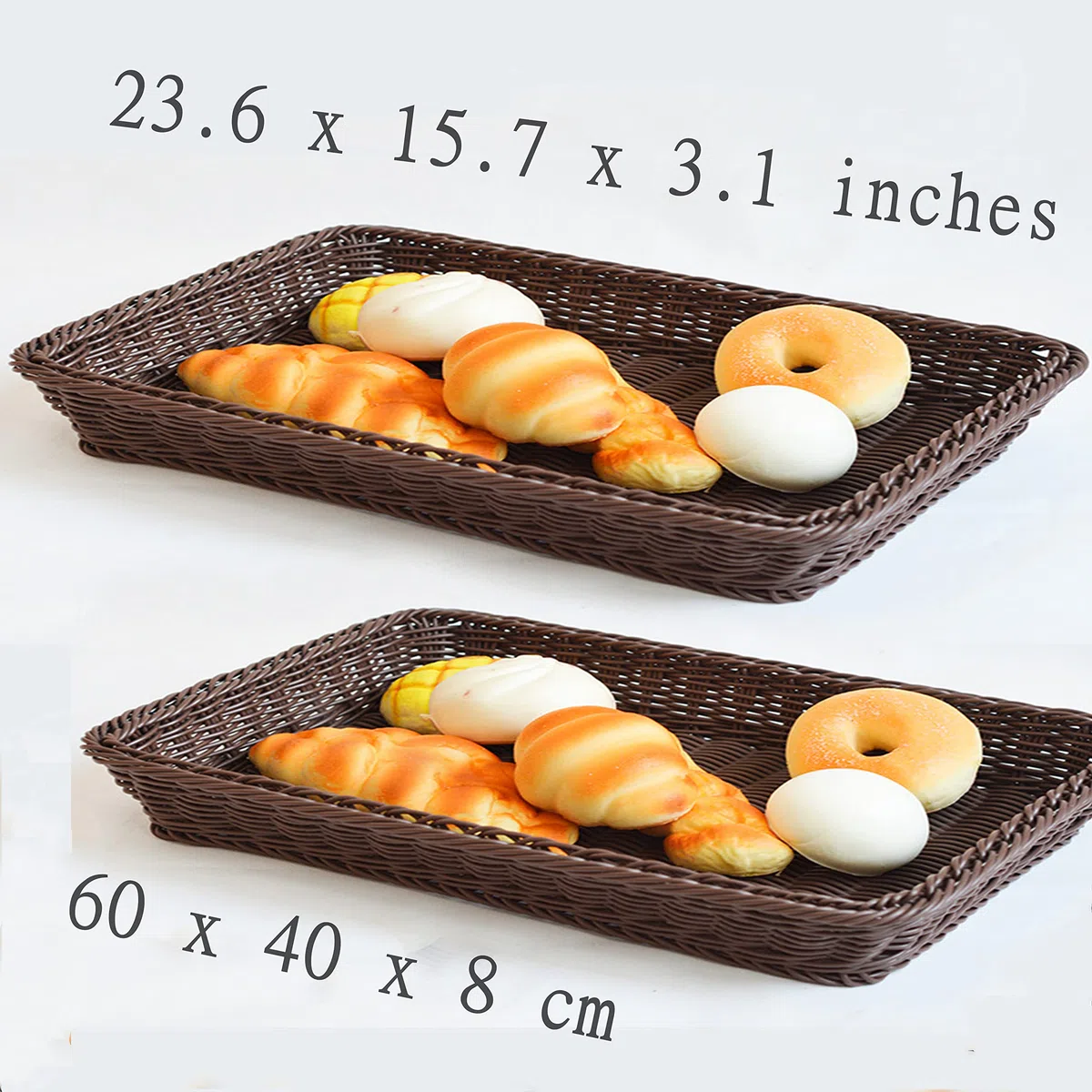 SOLAPOLLO - 2 cestini per il pane rettangolari in vimini, grandi, rettangolari, per cucina, espositori per alimenti da tavolo (grande, 60 x 40 x 8 cm, marrone)