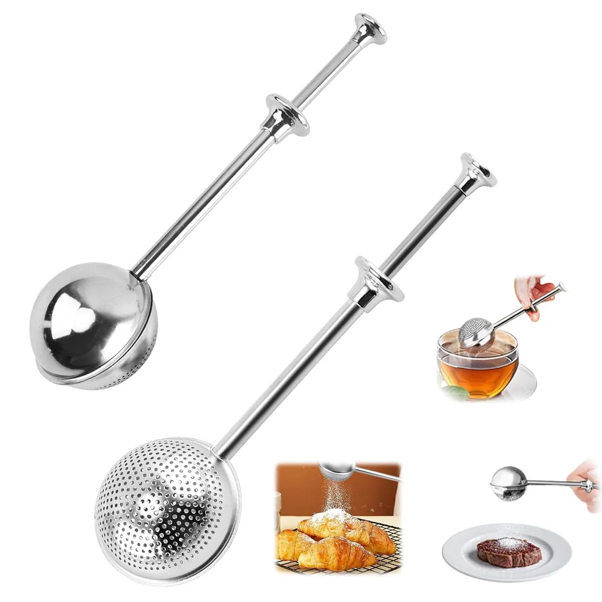2 Pezzi Infusore per Tisane Colino Acciaio Inox Maglia Fine Infusore Tè A Spinta Filtro Te Infusione Sferico per Sfuso, Spezie Ed Erbe Filtro da a Maglie Fini