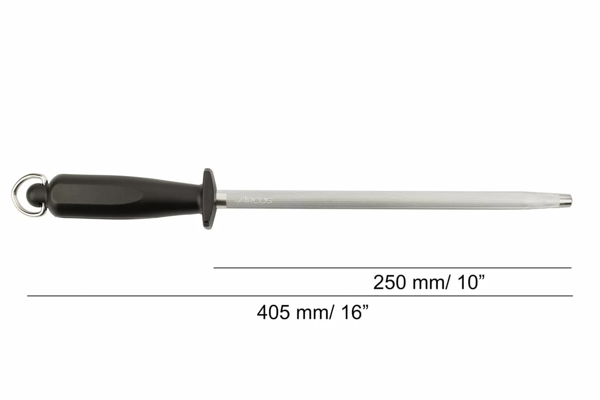 ARCOS Afilatore in Acciaio Nitrum e Lama 250 mm – Corpo in Acciaio al Carbonio Rivestito in Cromo, Manico in Polipropilene, Forme Leggere e Morbide – Nero, Serie Chaira