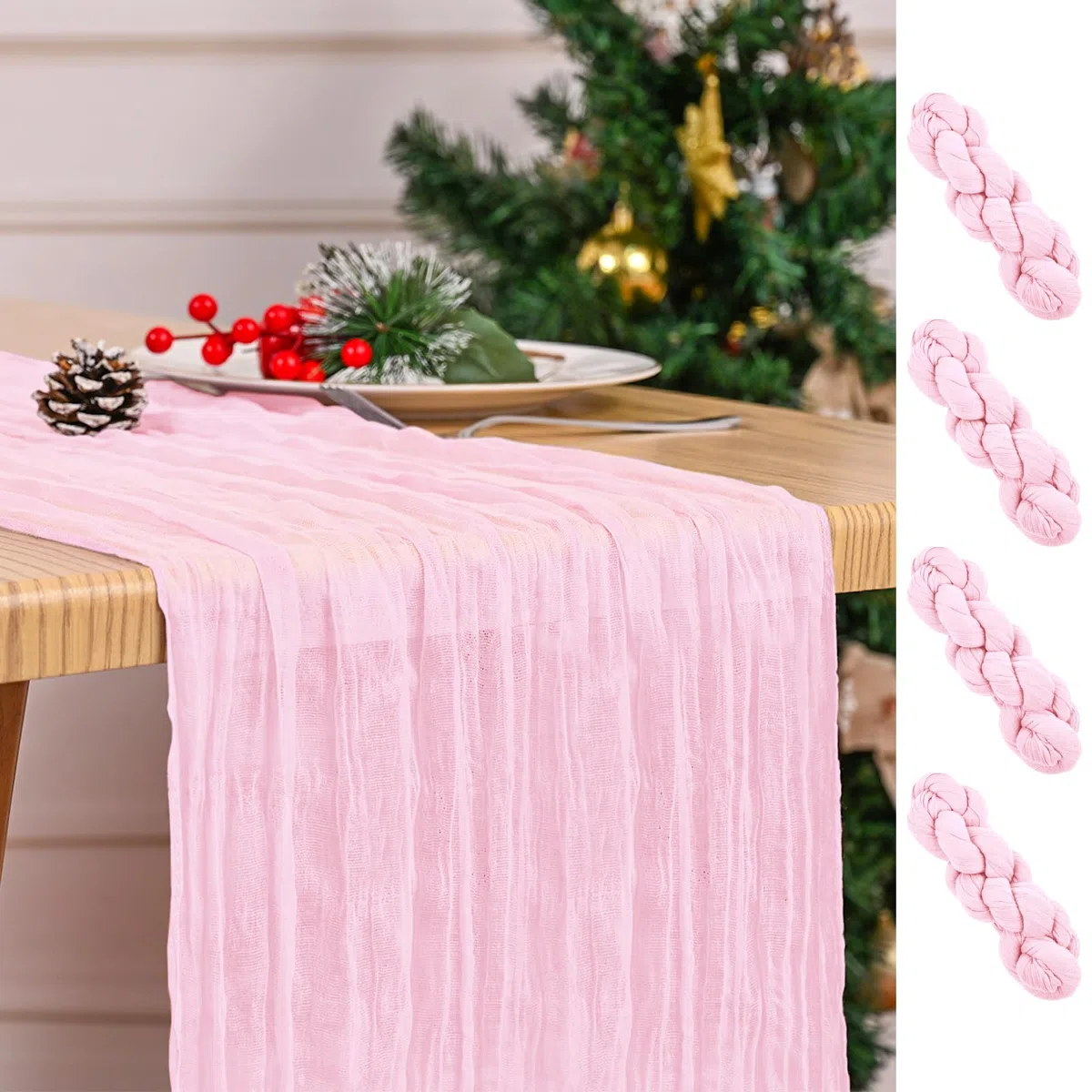 Confezione da 4 runner da tavola rosa, 45 x 275 cm, runner da tavola in garza boho, per tavolo da pranzo, runner da tavola in tessuto velato rustico per feste di matrimonio