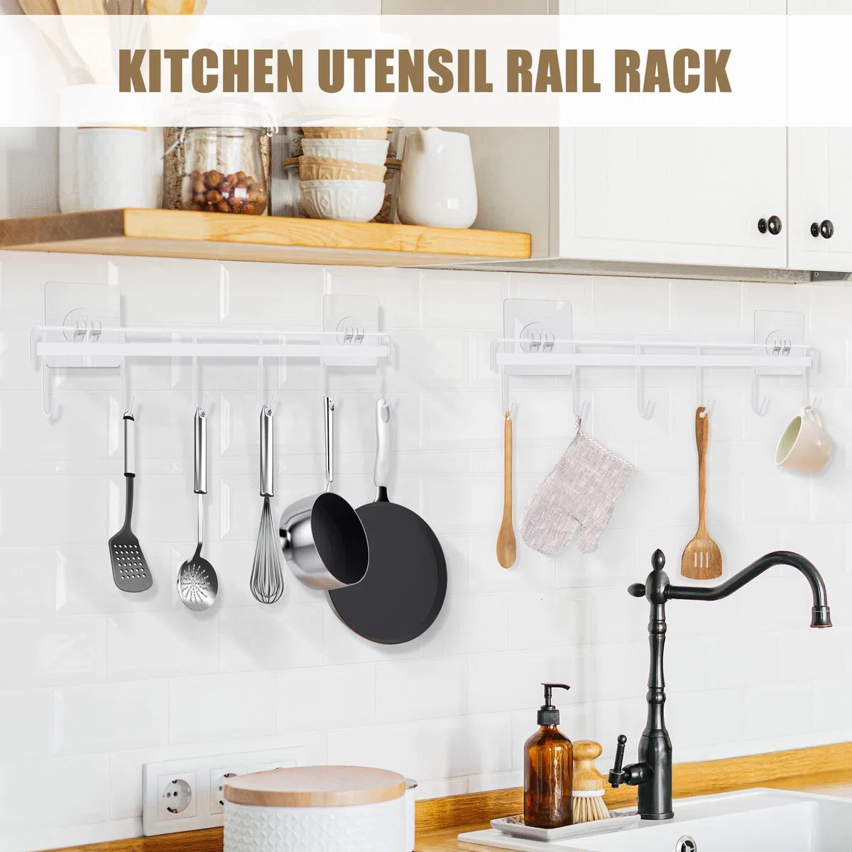 Jeowoqao Ganci per utensili da cucina con 6 ganci salvaspazio da parete, senza fori, ganci adesivi da parete, per cucina, bagno, camera da letto, confezione da 2 (bianco)