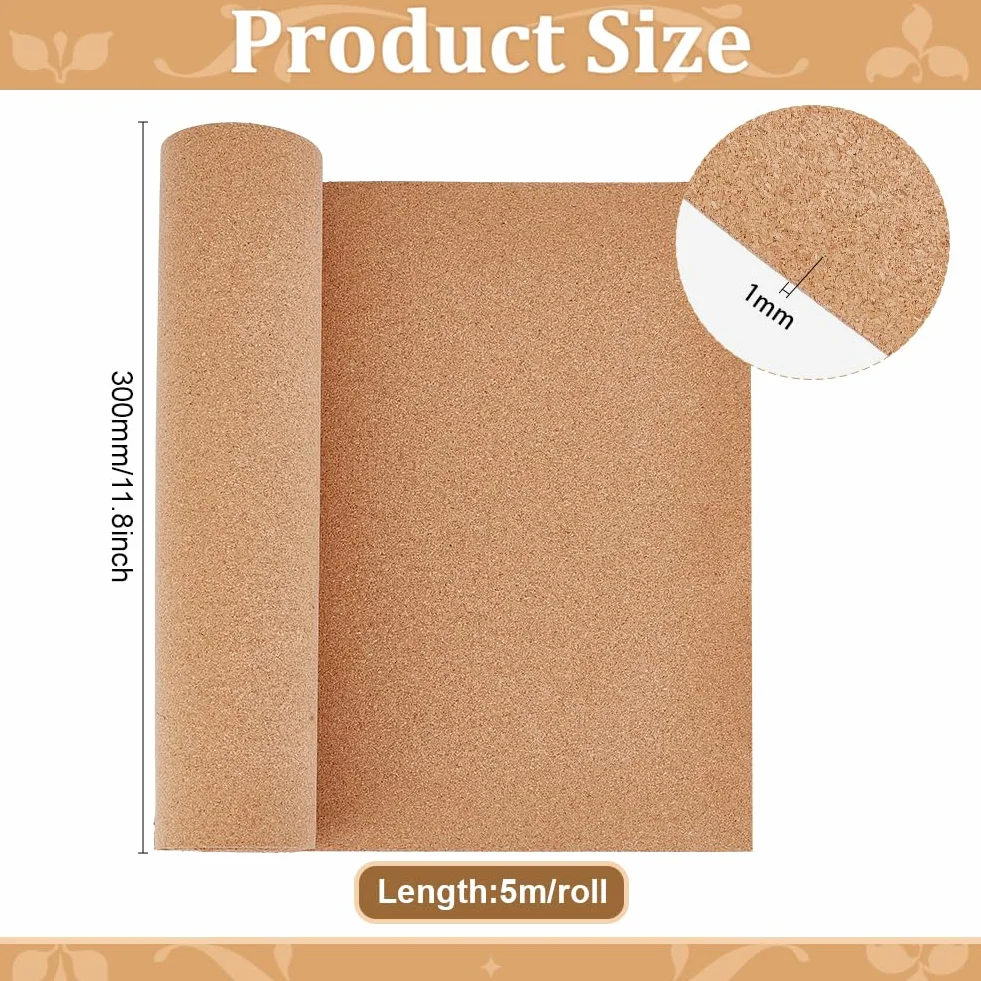 BENECREAT Rotolo di Sughero Da 5 m, Pannello di Sughero Naturale Largo 30cm per Decorazione Da Parete, Albo, Materiale In Sughero Non Adesivo, Forniture Artigianali Fai Da Te, 1mm di Spessore