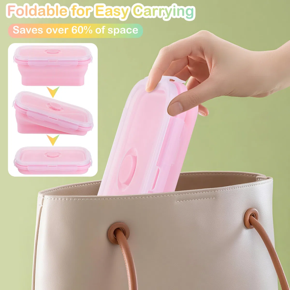 3 Pezzi Contenitori Pieghevoli per Alimenti 550ML, Portable Pranzo del Silicone, Set Contenitori Silicone per Alimenti Picnic Campeggio Scuola Ufficio