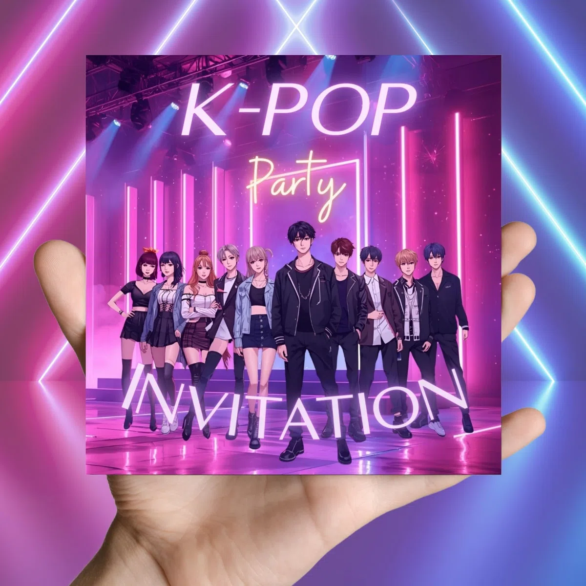 Set di 12 biglietti quadrati (12x12 cm) con buste - Inviti di compleanno eleganti per uomini e donne (K-Pop)
