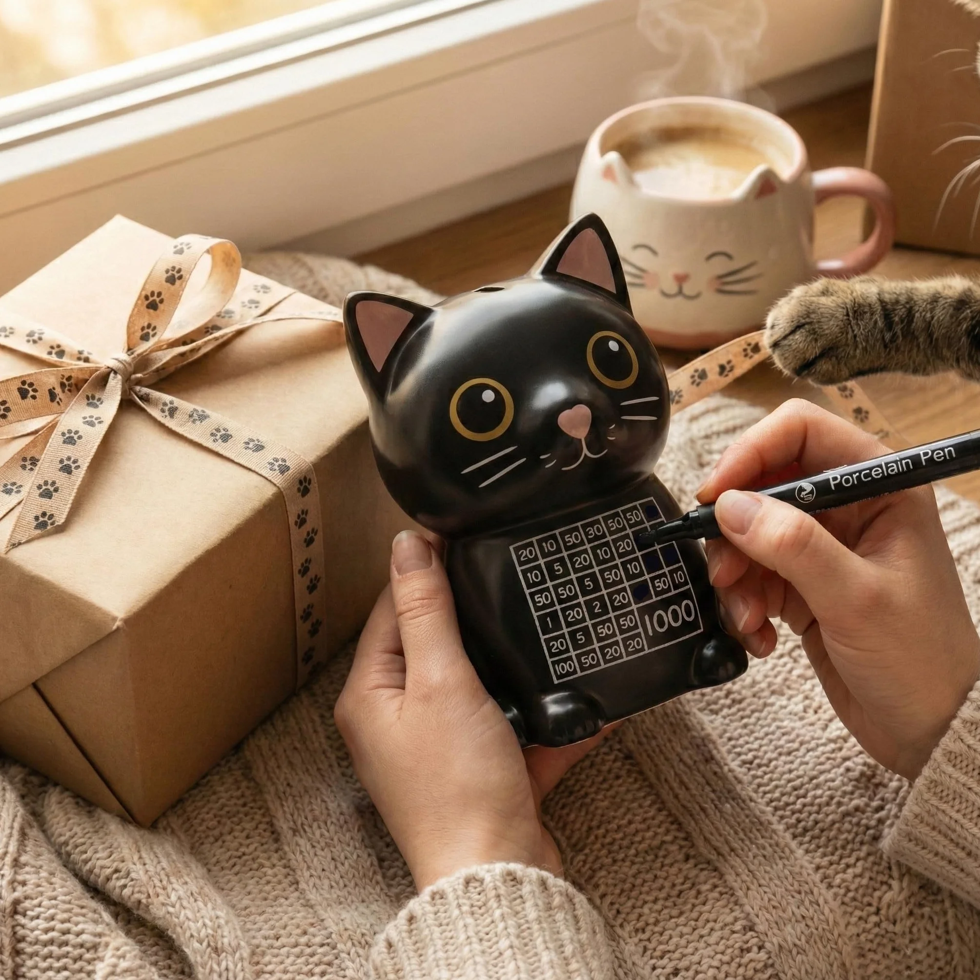 Froster Salvadanaio Conta Soldi - Gatto Nero, Salvadanaio 1000 euro con Contatore, Gatto Gadget in Ceramica, Altezza 15 cm