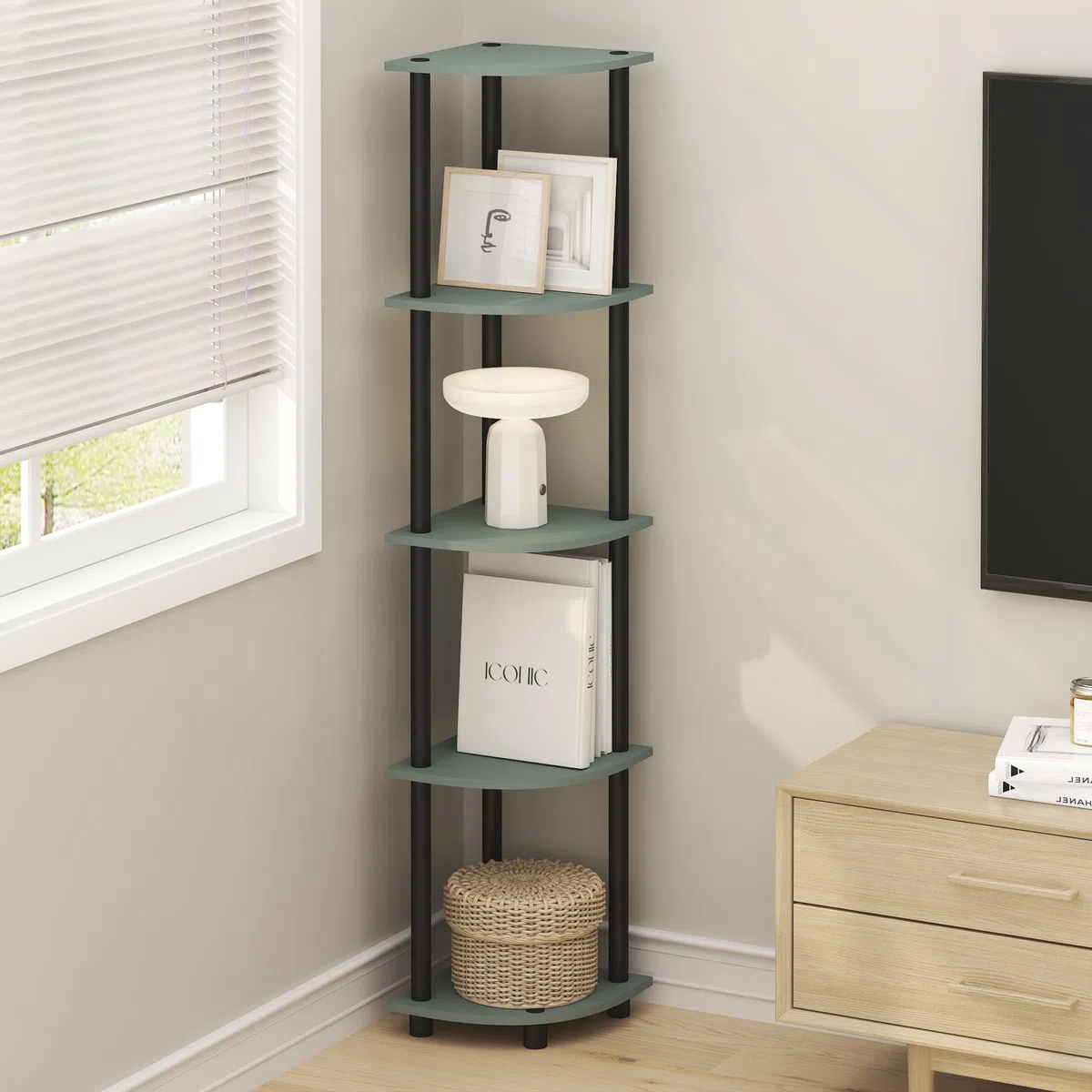 Furinno TURN-N-TUBE Mensola Angolare, Libreria Angolare A 5 Ripiani, Ripiani Aperti Portaoggetti, Per Organizzazione E Contenimento, Soggiorno, Ufficio Domestico, Garage, Camera Da Letto, Verde Salvia