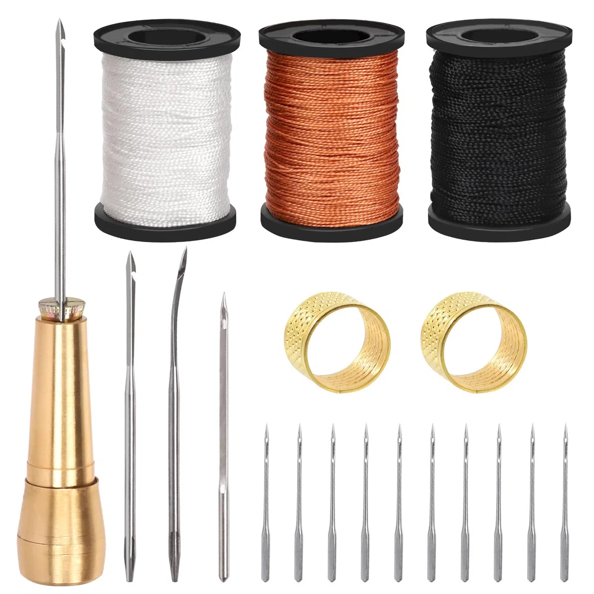 Swpeet Kit di punteruolo e ago per cucire in tela e pelle, 19 pezzi, con filo cerato in nylon assortito, strumenti con manico in rame per pelle, scarpe e riparazione