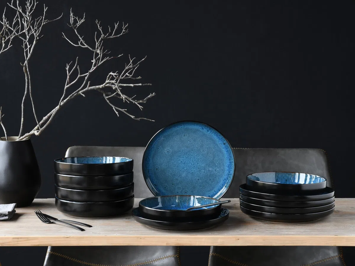 CreaTable, 21550, Serie Nordic Fjord Blue, 12-teiliges Geschirrset, Teller Set aus Steinzeug