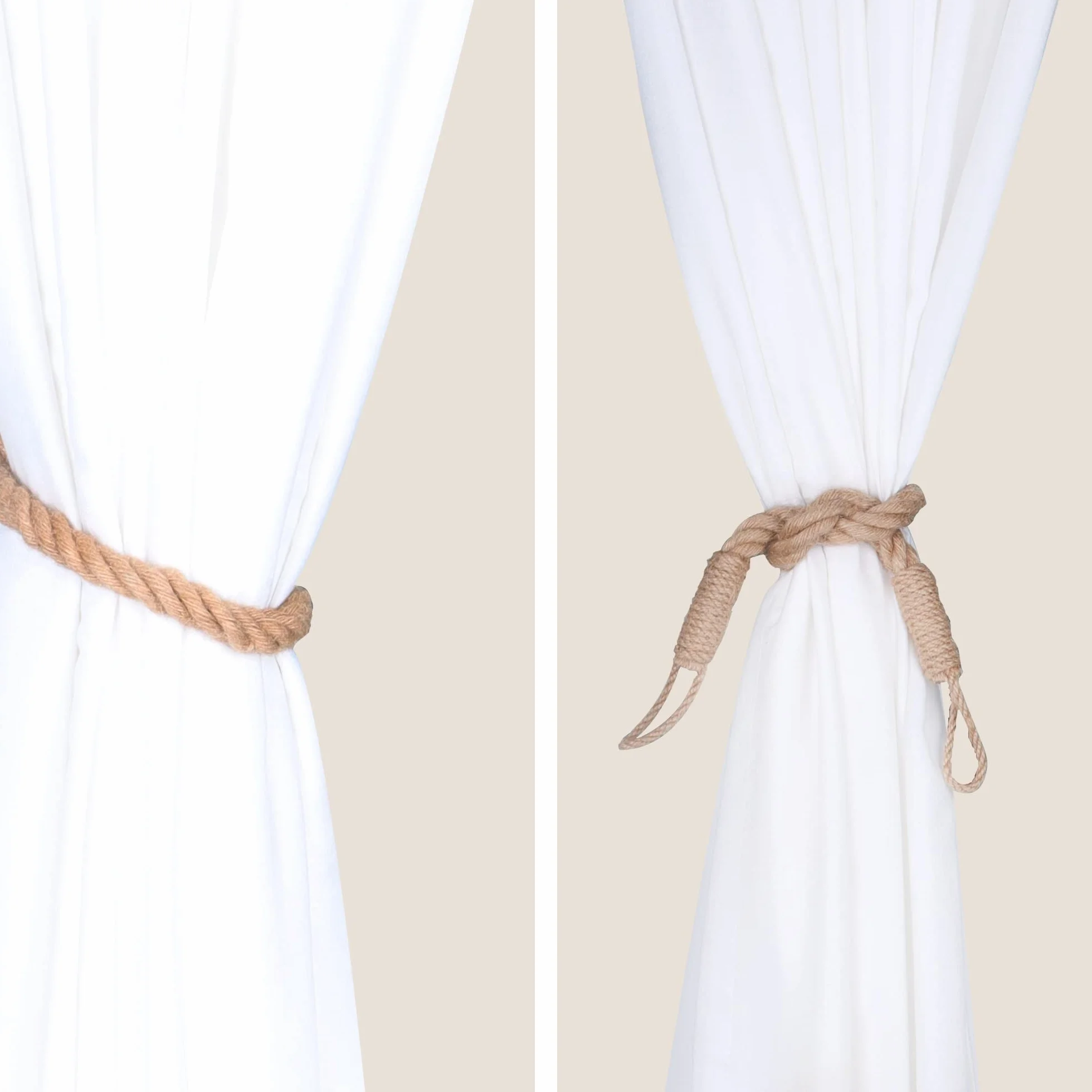 4 fermatende con corda di canapa intrecciata, decorativi fatti a mano, per tende (kaki)