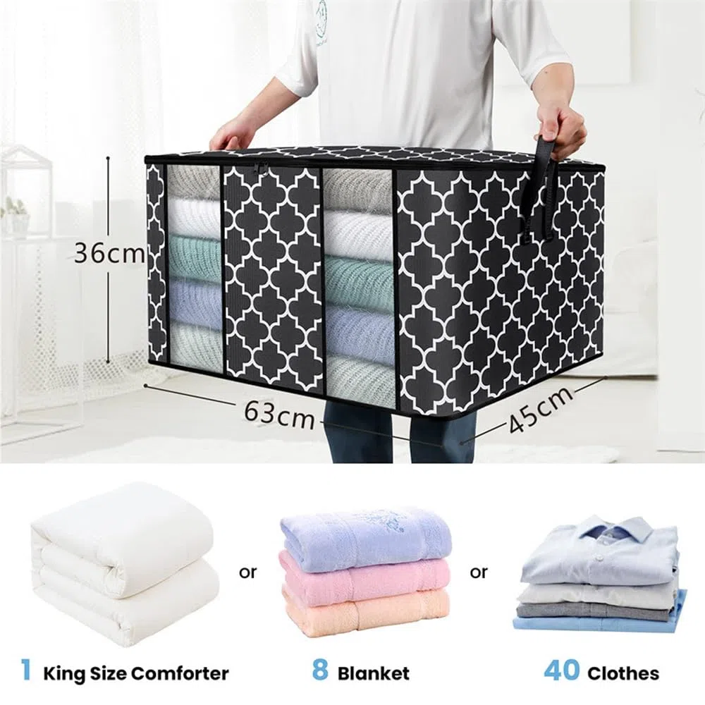 Scatole per Armadio Salvaspazio 102L, 3 PCS per Vestiti Cambio Stagione Pieghevole Traspirante Tessuto, Custodie Organizzatore con Cerniera per Trapunte Coperte Biancheria da Letto - 63*45*36cm