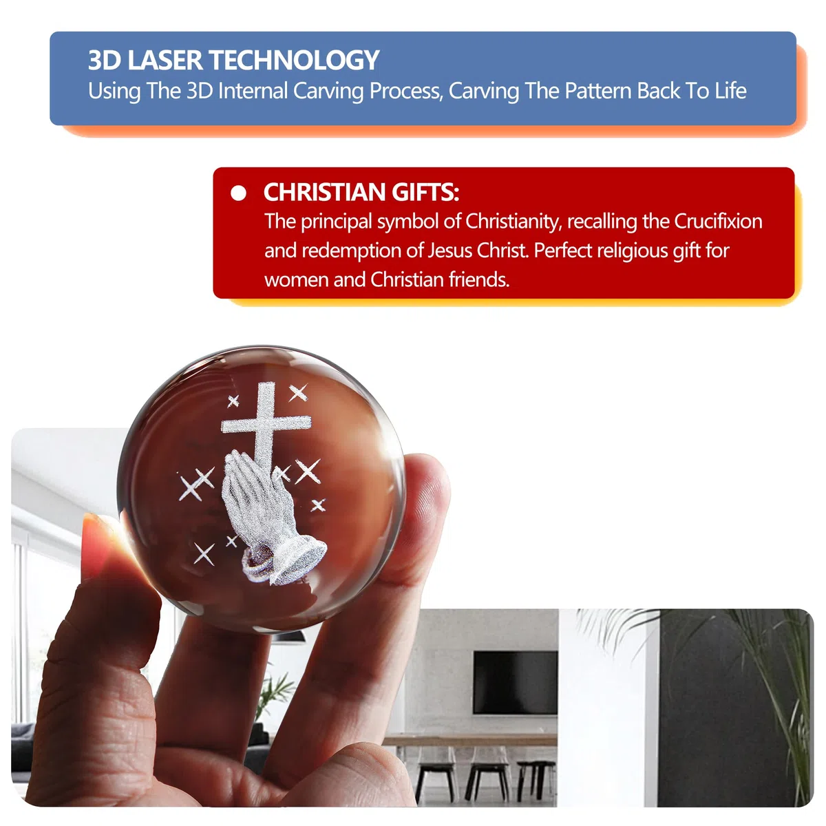 ZEERSHEE 60 mm 3D inciso al laser mano che tiene una croce palla di cristallo statuetta con supporto decorazione cristiana da collezione per casa ufficio preghiera regali religiosi per donne