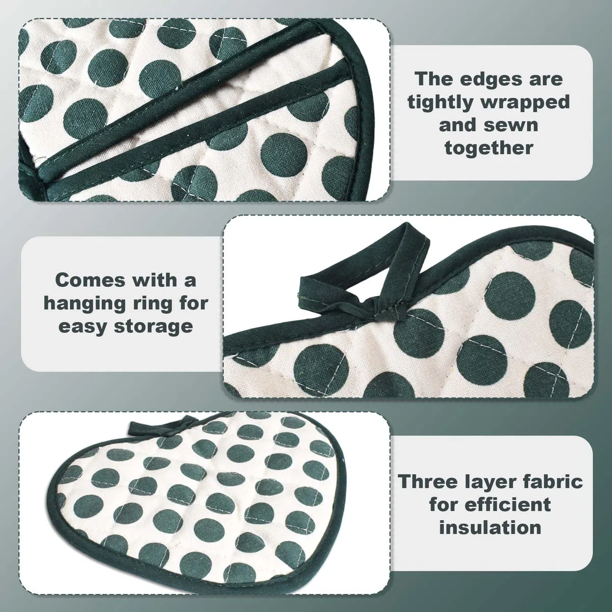 Set di 2 Presine da Cucina, Presine in Cotone con Tasche, Resistente al Calore Fino a 250°C, Guanti da Forno in Cotone Portapentole da Cucina Resistenti al Calore per Cucinare, 20 x 15 cm (Verde)