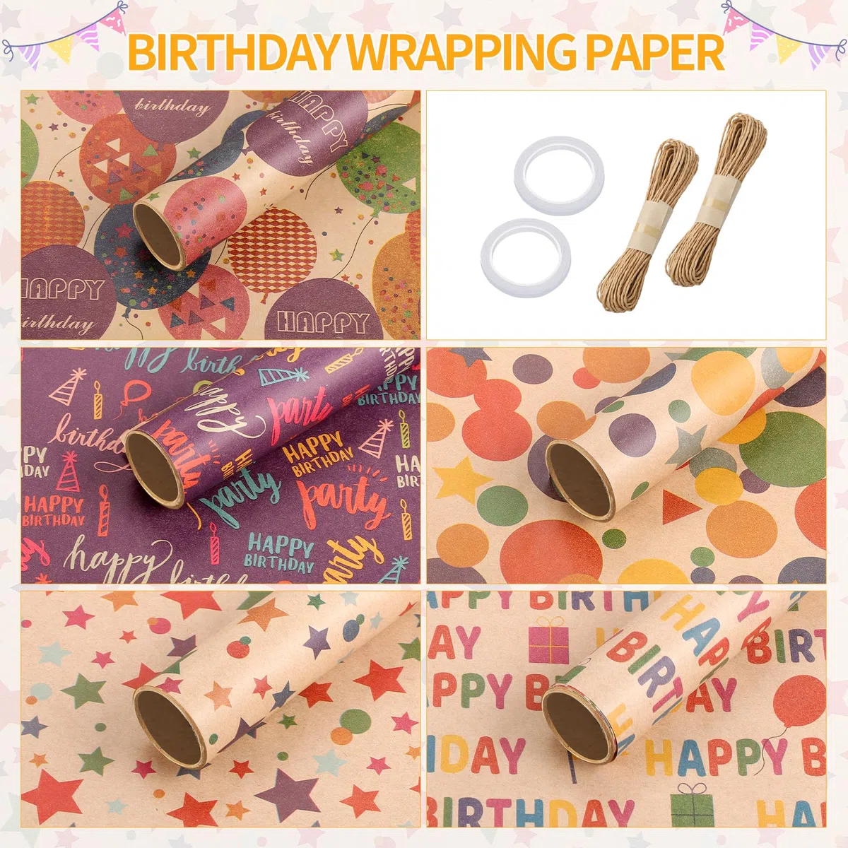 woric 5 rotoli di carta da regalo di compleanno, 43 cm x 3 m rotolo di carta da regalo kraft regalo per baby shower festa di compleanno (accessori all'interno del rotolo di carta da imballaggio)