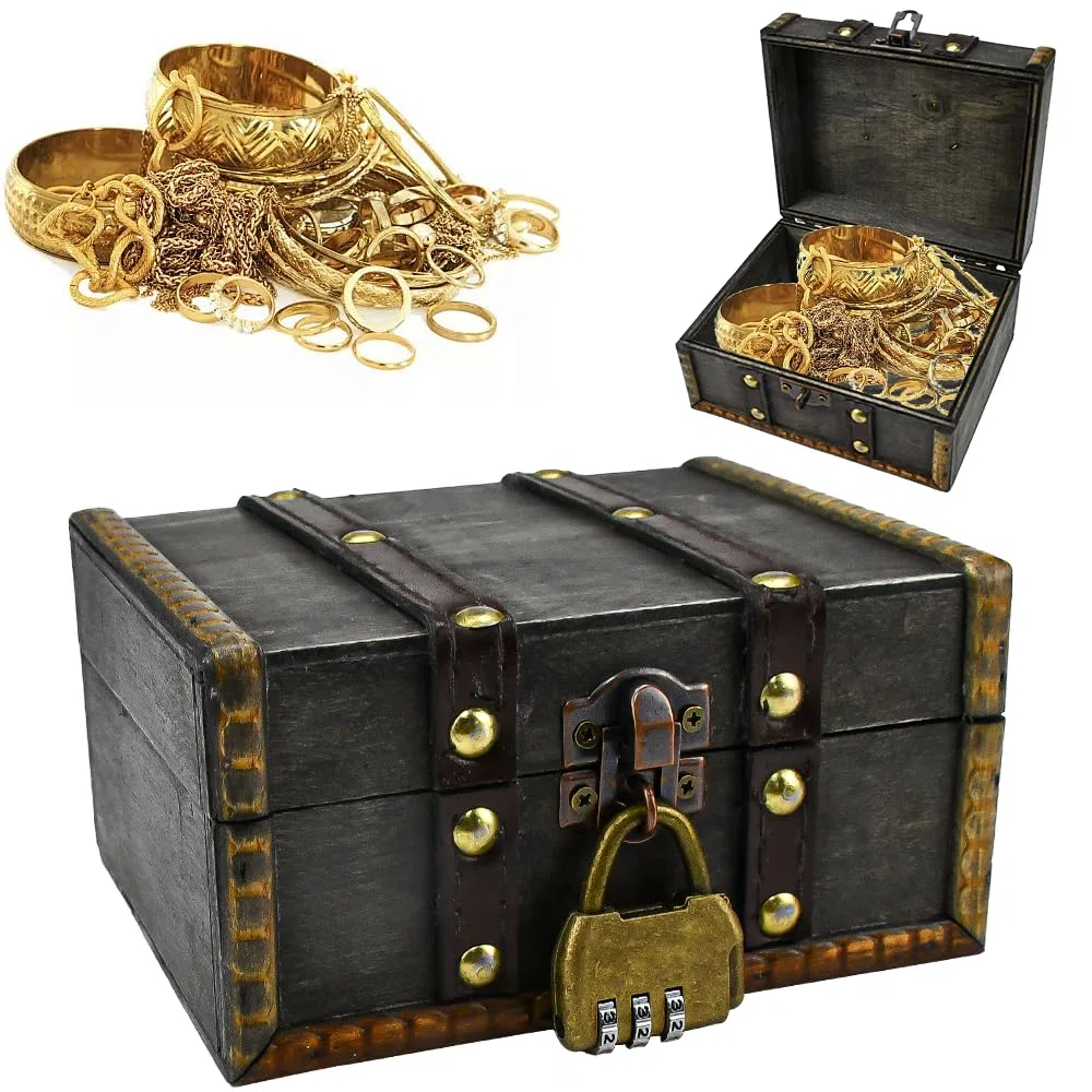 LPAMABA Kurzer Scatole del Tesoro Vintage con Lucchetto,Scrigno del Tesoro in Legno con Lucchetto Pirati,Cofanetto del Tesoro in legno,Piccola Scatola Portaoggetti Baule per Gioielli, Collane