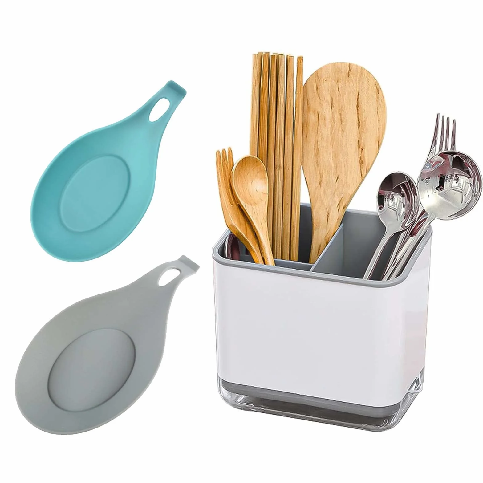 Scola Posate da Cucina, Portaposate, Porta Mestoli con 3 Scomparti per Lavello, Mestolo Silicone, per Riporre Coltelli, Forchette e Cucchiai