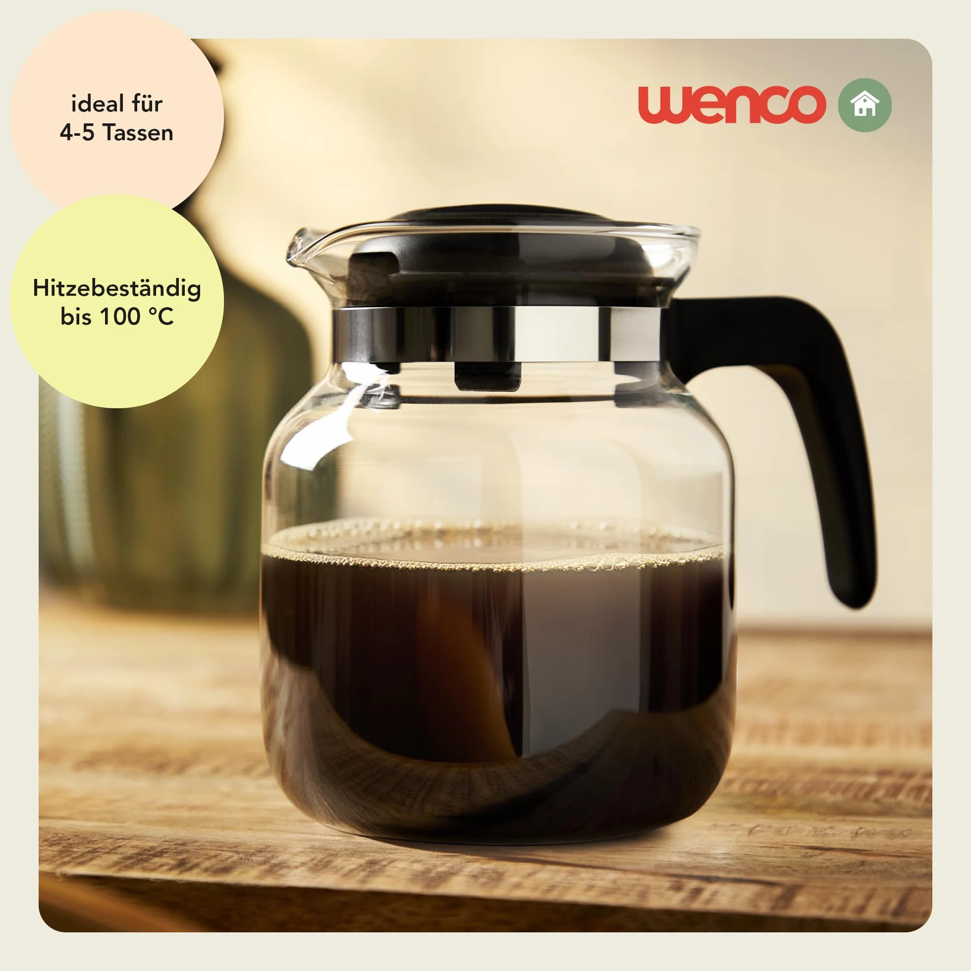 Wenco Caraffa in vetro da 1,25 l, ideale per tè, caffè e bevande fredde, resistente al calore, con coperchio e apertura beccuccio, lavabile in lavastoviglie e infrangibile, trasparente/nero
