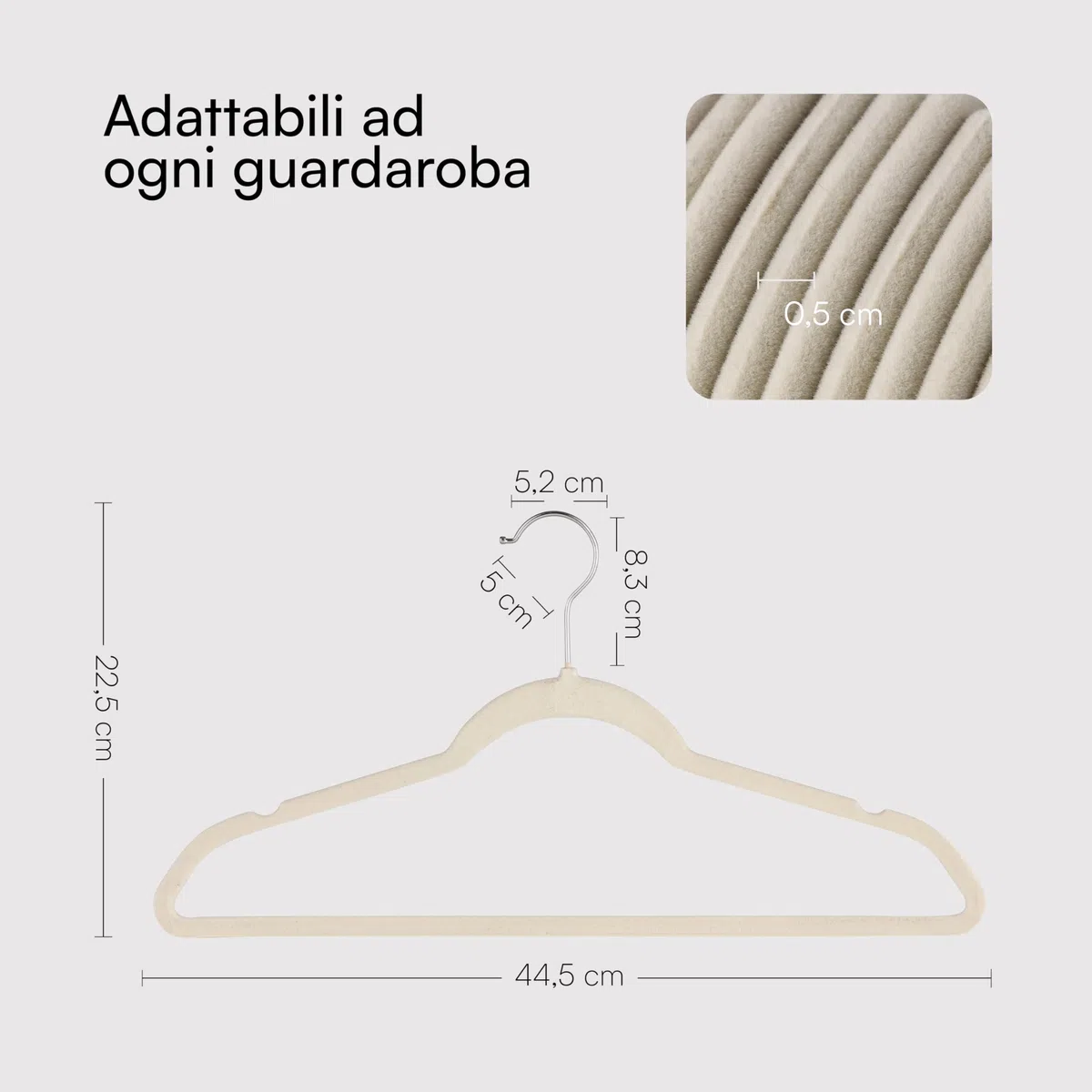 Baroni Home Grucce Velluto 20 pezzi, Grucce Appendiabiti 44,5 cm, Salvaspazio con Superfice Antiscivolo Design, Capacità di Carico Elevata, per Cappotti Camicie Vestiti, Panna
