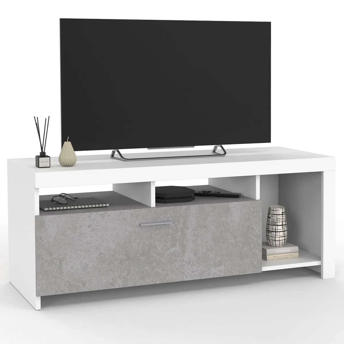 IDMarket - Mueble TV MALO blanco 110 cm y armario de hormigón
