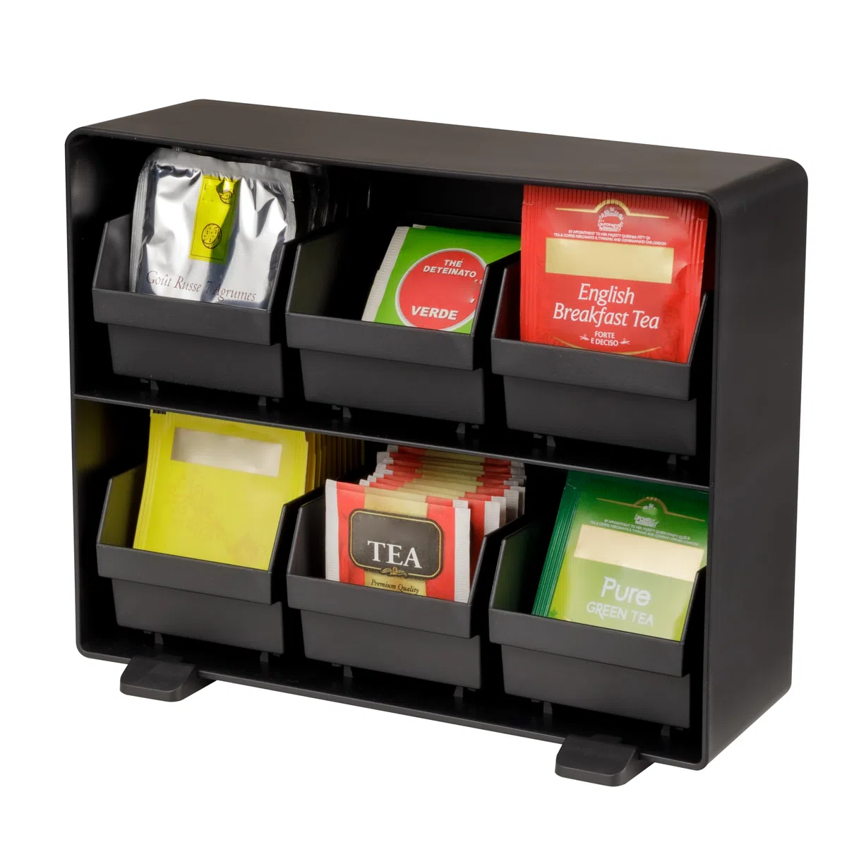 Baroni Home Organizer da Caffetteria in Plastica Resistente Porta Bustine di Tè, Organizzatore in 6 scomparti per +90 bustine tè, Design Funzionale e Facile da Pulire, 26x8x6 cm, Nero