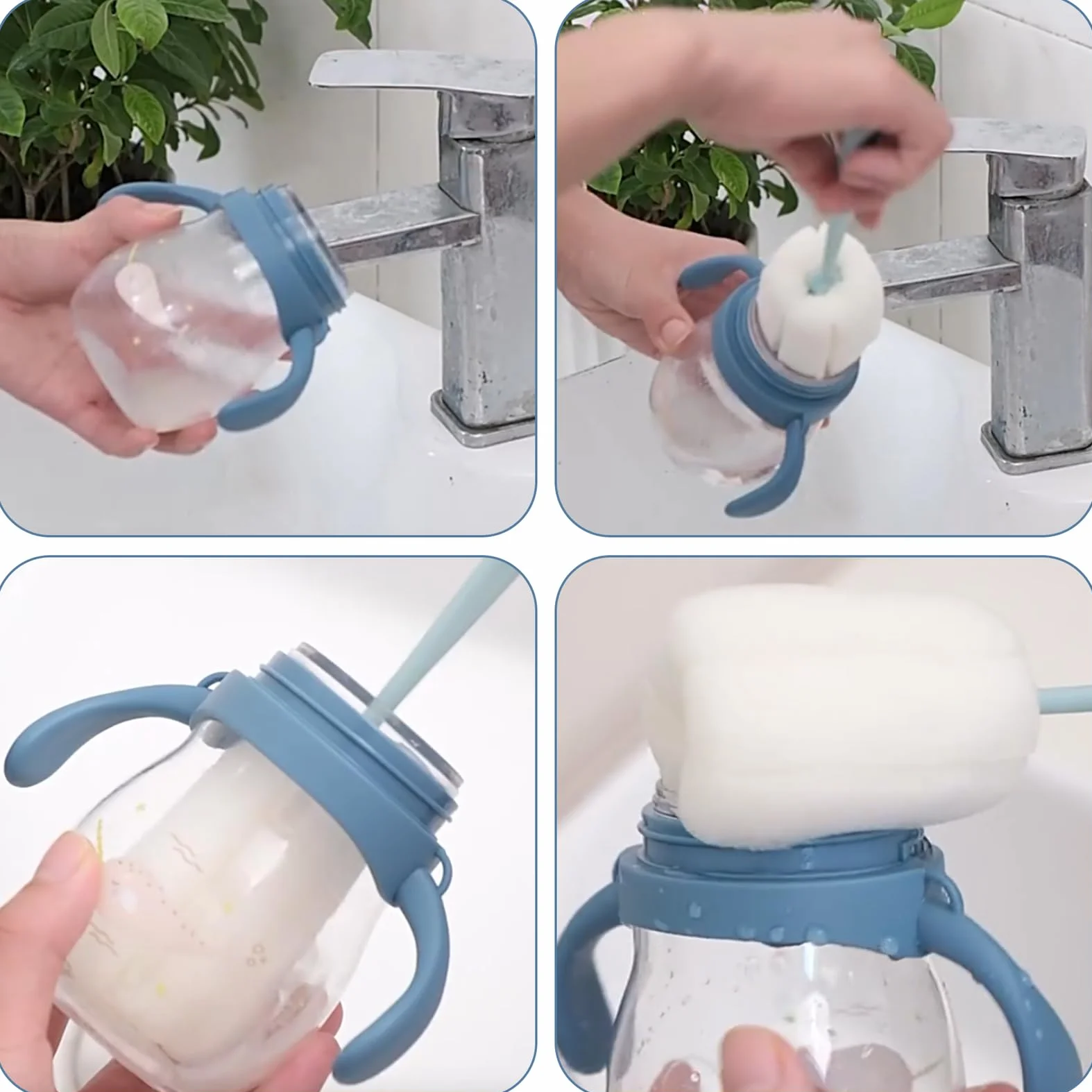 4 confezioni di spazzole per la pulizia con spugna morbida, spazzole per la pulizia con manico in plastica per biberon, borracce e tazze, strumento di pulizia per thermos e tazze (bianco, verde, blu